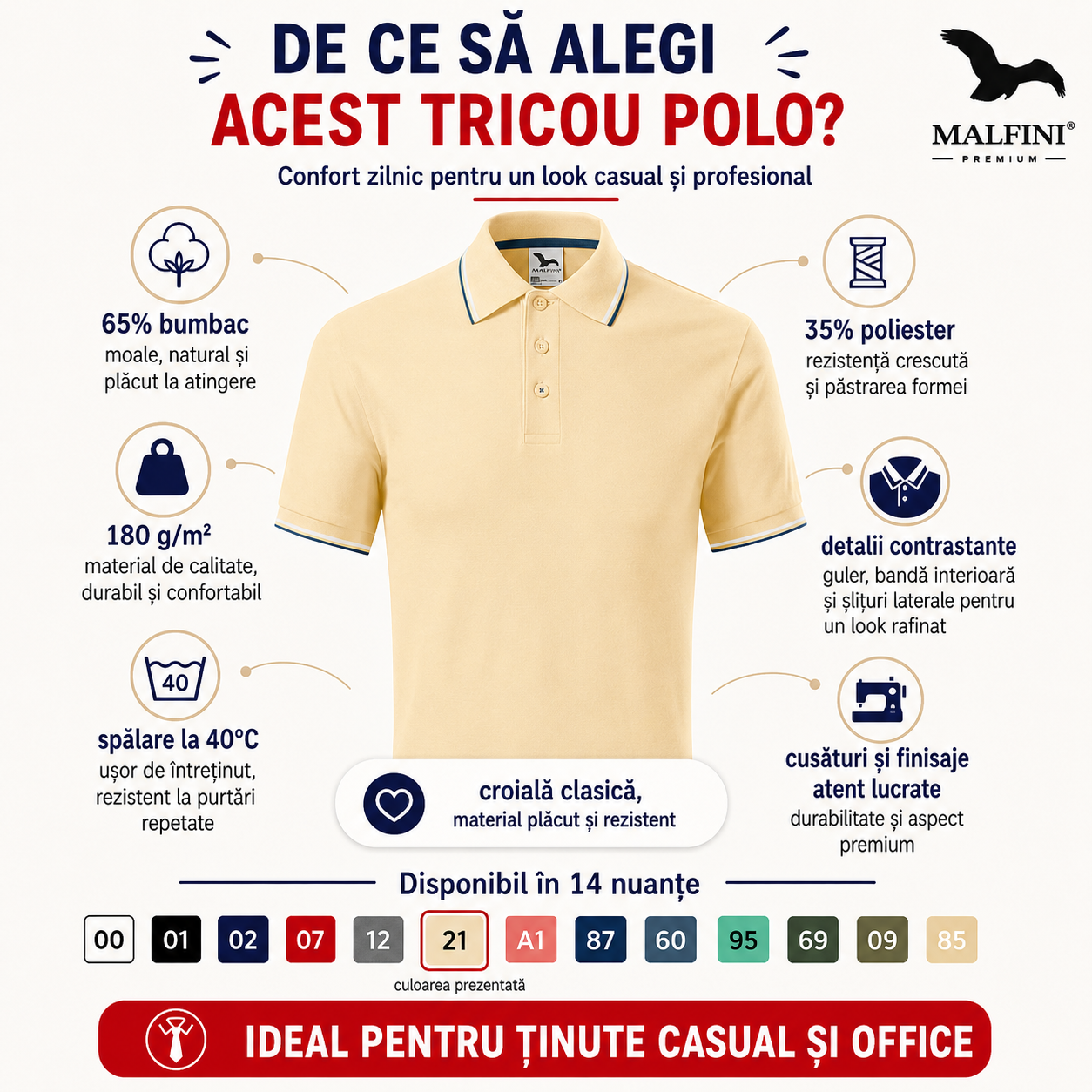 Detalii tricou polo Malfini Premium Focus 232, guler contrastant, nasturi, m&acirc;neci, cusături laterale și material 180 g/m&sup2;